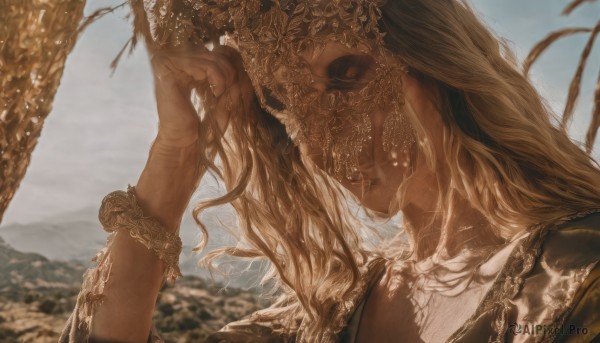 1girl,solo,long hair,blonde hair,brown hair,jewelry,closed mouth,upper body,outdoors,sky,day,hand up,blurry,arm up,bracelet,from side,tree,lips,profile,depth of field,blurry background,portrait,branch,covered eyes,closed eyes,parted lips,veil,mountain