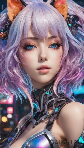 1girl,solo,breasts,looking at viewer,short hair,bangs,blue eyes,hair ornament,animal ears,cleavage,bare shoulders,medium breasts,upper body,pink hair,purple hair,multicolored hair,parted lips,shiny,artist name,cat ears,mole,blurry,two-tone hair,lips,clothing cutout,eyelashes,mole under eye,gradient hair,makeup,headgear,facial mark,portrait,close-up,eyeshadow,freckles,pink lips,realistic,nose,eyeliner,mascara,teeth,armor,depth of field,blurry background,fake animal ears,science fiction,red lips,bokeh,cyberpunk