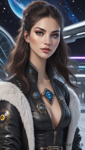 1girl,solo,long hair,breasts,looking at viewer,brown hair,cleavage,brown eyes,jewelry,medium breasts,collarbone,jacket,upper body,hairband,earrings,parted lips,open clothes,belt,necklace,lips,coat,black jacket,fur trim,bodysuit,makeup,forehead,zipper,freckles,science fiction,hoop earrings,realistic,nose,unzipped,red lips,space,planet,hair pulled back,earth (planet),spacecraft,star (sky),eyeshadow,emblem