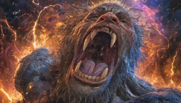 solo,looking at viewer,open mouth,blue eyes,teeth,tongue,no humans,fangs,fire,sharp teeth,monster,realistic,electricity,giant,lightning,kaijuu,glowing,portrait,tusks