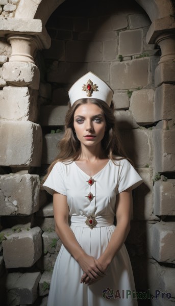 1girl,solo,long hair,looking at viewer,brown hair,hat,dress,brown eyes,jewelry,standing,short sleeves,white dress,lips,makeup,own hands together,gem,realistic,nurse cap,nurse,against wall,wall,pillar,necklace,nail polish,lipstick,ruins,arch,stone wall