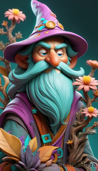 solo,long hair,looking at viewer,blue eyes,gloves,long sleeves,1boy,hat,holding,animal ears,blue hair,upper body,flower,male focus,star (symbol),gradient,gradient background,witch hat,facial hair,thick eyebrows,goggles,beard,pink flower,green background,robe,mustache,branch,holding flower,purple headwear,mushroom,wizard hat,wizard,artist name,blurry,aqua hair,leaf,watermark,web address,old