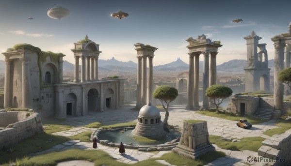 outdoors,sky,day,cloud,water,tree,blue sky,no humans,bird,grass,building,scenery,stairs,mountain,aircraft,fantasy,road,ruins,pillar,castle,tower,statue,landscape,column,floating island,1girl,multiple boys,cape,plant,bush,multiple others,spacecraft,arch