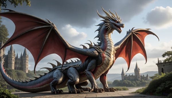 HQ,solo,open mouth,red eyes,tail,outdoors,wings,horns,sky,teeth,day,cloud,tree,blue sky,no humans,fangs,cloudy sky,sharp teeth,building,scenery,claws,fantasy,dragon,scales,castle,sunlight