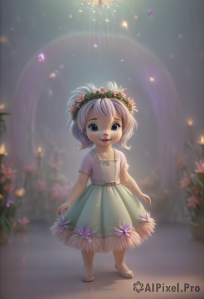 1girl,solo,looking at viewer,smile,short hair,blue eyes,skirt,hair ornament,dress,jewelry,standing,flower,white hair,hair flower,blurry,sandals,child,head wreath,open mouth,full body,short sleeves,earrings,artist name,lips,blurry background,glowing,watermark,plant,pink flower,green dress,female child,potted plant,light,candle,wreath