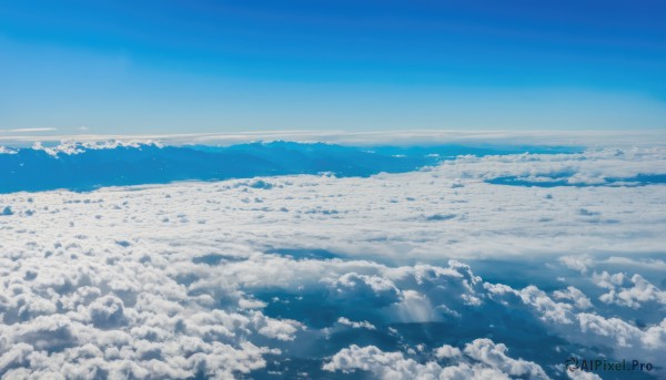 monochrome,outdoors,sky,day,cloud,blue sky,no humans,ocean,cloudy sky,scenery,blue theme,horizon,landscape,above clouds,water