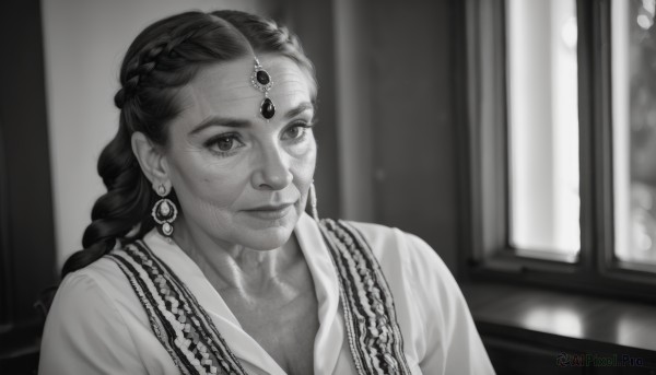 1girl,solo,long hair,looking at viewer,smile,jewelry,closed mouth,collarbone,monochrome,upper body,braid,greyscale,earrings,indoors,blurry,lips,window,blurry background,circlet,realistic,1boy,necklace,single braid,facial hair,gem,third eye,portrait,freckles,forehead jewel