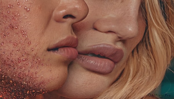 1girl,solo,blonde hair,1boy,closed eyes,male focus,teeth,tongue,lips,watermark,kiss,portrait,close-up,meme,realistic,nose,parted lips,artist name,signature,freckles