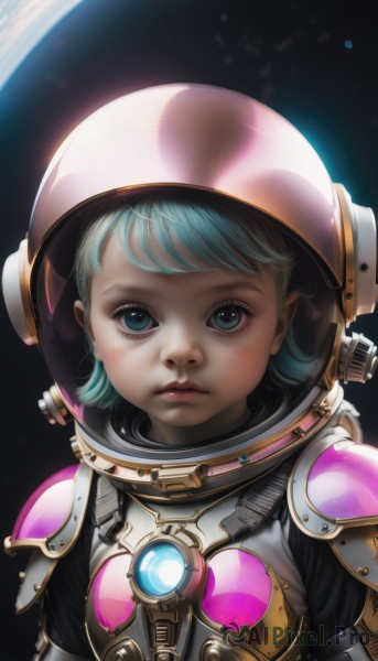 1girl,solo,looking at viewer,short hair,bangs,blue eyes,closed mouth,blue hair,upper body,armor,aqua eyes,lips,eyelashes,aqua hair,expressionless,helmet,freckles,realistic,nose,space,planet,spacesuit,space helmet,astronaut,science fiction,power armor