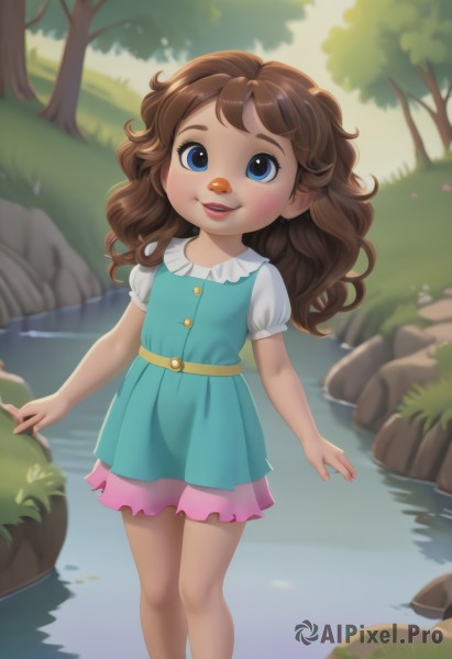 1girl,solo,long hair,looking at viewer,blush,smile,open mouth,blue eyes,skirt,brown hair,shirt,dress,standing,white shirt,short sleeves,outdoors,parted lips,teeth,day,puffy sleeves,water,blurry,tree,puffy short sleeves,lips,blue dress,grass,child,nature,wading,forest,pink skirt,rock,female child,river,pond,buck teeth,stream,freckles