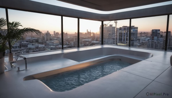 outdoors,sky,cloud,indoors,water,tree,no humans,window,plant,building,scenery,reflection,sunset,city,tiles,pool,potted plant,cityscape,tile floor,bathroom,bathtub,skyscraper,tile wall,sink,skyline,chair,palm tree