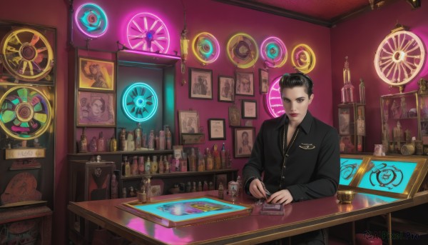 solo,looking at viewer,short hair,shirt,black hair,long sleeves,1boy,sitting,closed mouth,male focus,collared shirt,pants,indoors,black eyes,cup,black shirt,makeup,buttons,table,bottle,lipstick,alcohol,drinking glass,photo (object),shelf,bar (place),jewelry,necklace,lips,facial hair,chair,zipper,science fiction,realistic,clock,stool,wine bottle,cyberpunk,counter,neon lights,whiskey,loaded interior