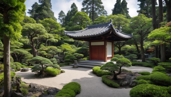 outdoors,sky,day,cloud,tree,blue sky,no humans,grass,building,nature,scenery,forest,rock,stairs,road,bush,architecture,east asian architecture,shrine,path,stone lantern,plant,pond