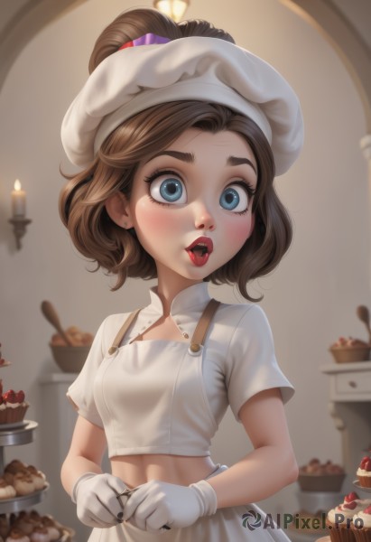 1girl,solo,breasts,blush,short hair,open mouth,blue eyes,skirt,brown hair,shirt,hair ornament,gloves,hat,holding,jewelry,white shirt,upper body,ponytail,short sleeves,earrings,small breasts,food,teeth,tongue,midriff,indoors,white gloves,tongue out,blurry,apron,lips,crop top,eyelashes,makeup,buttons,fruit,blurry background,white headwear,white skirt,waist apron,white apron,cake,wide-eyed,chocolate,strawberry,red lips,candle,cupcake,chef hat,pastry,chef,clothing cutout,piercing,thick eyebrows,own hands together,spoon,nose,stud earrings