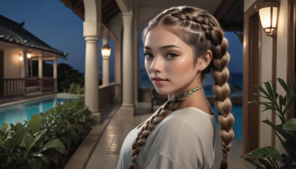 1girl,solo,long hair,looking at viewer,brown hair,shirt,brown eyes,jewelry,white shirt,upper body,braid,outdoors,parted lips,sky,water,necklace,blurry,twin braids,from side,lips,looking to the side,window,night,leaf,plant,building,realistic,nose,architecture,house,multiple braids,breasts,closed mouth,short sleeves,artist name,depth of field,blurry background,expressionless,night sky,forehead,crown braid