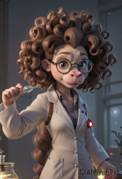 1girl,solo,long hair,looking at viewer,smile,brown hair,shirt,holding,brown eyes,jewelry,very long hair,upper body,braid,earrings,glasses,indoors,nail polish,blurry,dark-skinned female,lips,blurry background,thick eyebrows,freckles,black-framed eyewear,curly hair,round eyewear,labcoat,big hair,test tube,flask,vial,potion,brown-framed eyewear,long sleeves,jacket,single braid,messy hair,badge