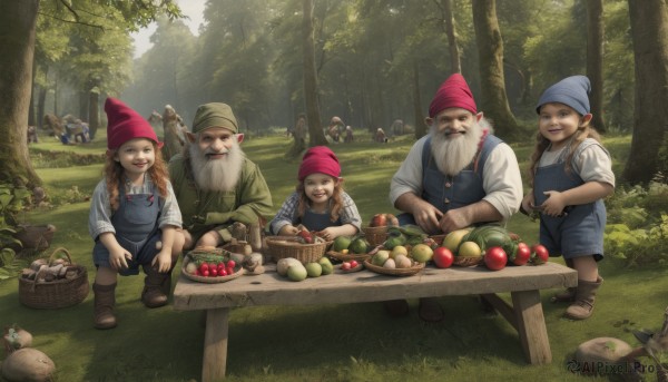 1girl,long hair,smile,open mouth,blue eyes,multiple girls,brown hair,shirt,long sleeves,hat,sitting,standing,white shirt,braid,:d,boots,outdoors,food,multiple boys,day,pointy ears,looking at another,twin braids,tree,fruit,facial hair,bird,animal,brown footwear,table,squatting,grass,child,nature,red headwear,beard,sleeves rolled up,forest,6+boys,mustache,apple,basket,overalls,mushroom,old,old man,tomato,vegetable,squirrel,tree stump,log,2girls,fantasy,female child,frog,mouse