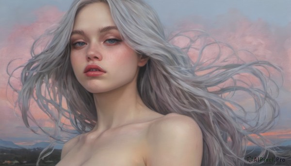 1girl,solo,long hair,looking at viewer,blue eyes,bare shoulders,collarbone,upper body,white hair,grey hair,nude,outdoors,parted lips,sky,teeth,cloud,lips,grey eyes,floating hair,cloudy sky,wind,portrait,freckles,realistic,nose,breasts,cleavage,eyelashes,thick eyebrows,mountain