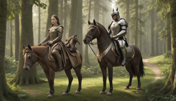 1girl,brown hair,1boy,dress,outdoors,day,armor,looking at another,tree,animal,sunlight,helmet,grass,shoulder armor,gauntlets,nature,1other,forest,pauldrons,breastplate,fantasy,riding,horse,knight,full armor,ambiguous gender,horseback riding,plate armor,reins,saddle,long hair,holding,weapon,boots,cape,helm