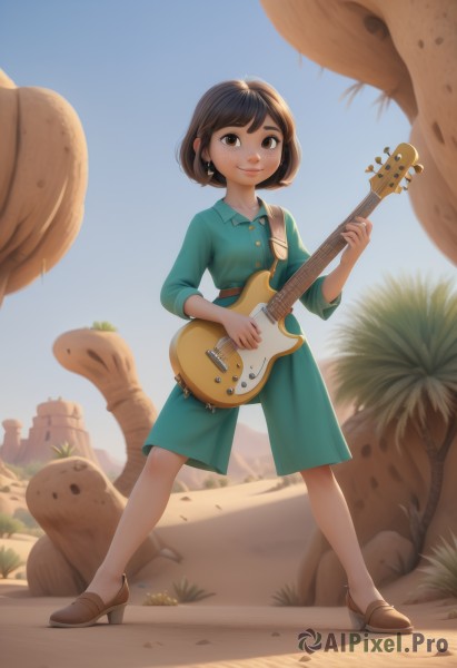 1girl,solo,smile,short hair,bangs,brown hair,black hair,long sleeves,dress,holding,brown eyes,jewelry,closed mouth,standing,full body,earrings,outdoors,sky,shoes,day,high heels,tree,blue sky,lips,blue dress,brown footwear,instrument,green dress,rock,sand,palm tree,music,guitar,playing instrument,holding instrument,desert,aqua dress,looking at viewer,shirt,shorts,belt,artist name,watermark,web address,freckles,electric guitar,cactus