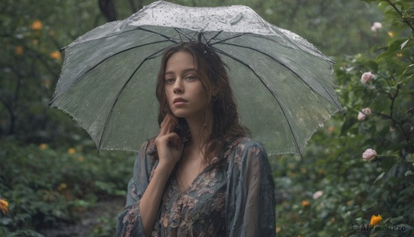 1girl, solo, long hair, brown hair, holding, upper body, flower, outdoors, blurry, lips, wet, umbrella, rain, holding umbrella, realistic