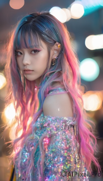 1girl,solo,long hair,looking at viewer,bangs,black hair,bare shoulders,brown eyes,jewelry,closed mouth,upper body,pink hair,multicolored hair,earrings,blunt bangs,blurry,black eyes,from side,two-tone hair,lips,looking to the side,gradient hair,makeup,depth of field,blurry background,piercing,ear piercing,eyeshadow,realistic,nose,bokeh,dress,necklace,eyelashes,watermark,wavy hair,gem,eyeliner,mascara