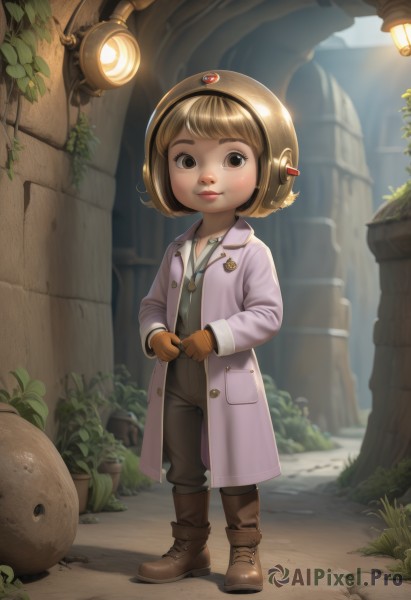 1girl,solo,looking at viewer,smile,short hair,blonde hair,brown hair,shirt,gloves,long sleeves,brown eyes,jewelry,closed mouth,standing,full body,boots,outdoors,open clothes,pants,necklace,lips,coat,brown footwear,plant,child,brown gloves,pendant,adjusting clothes,female child,whistle,whistle around neck,hat,headphones,black pants