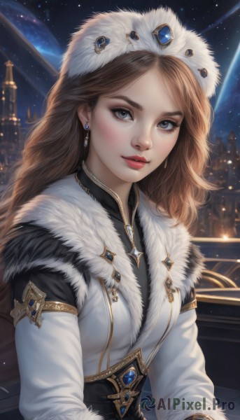 1girl,solo,long hair,breasts,looking at viewer,blush,blue eyes,brown hair,long sleeves,hat,jewelry,upper body,earrings,outdoors,sky,lips,coat,fur trim,makeup,night,white headwear,lipstick,building,gem,star (sky),night sky,starry sky,gold trim,white coat,winter clothes,red lips,fur hat,ushanka,bangs,grey eyes,eyelashes,fur collar,realistic,nose