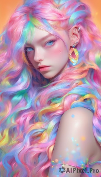 1girl,solo,long hair,looking at viewer,blush,bangs,blue eyes,bare shoulders,jewelry,closed mouth,blue hair,upper body,pink hair,multicolored hair,earrings,artist name,star (symbol),from side,lips,streaked hair,eyelashes,makeup,wavy hair,piercing,lipstick,crescent,ear piercing,eyeshadow,personification,freckles,pink lips,nose,orange background,colorful,mascara,rainbow hair,tears,sparkle,aqua hair,watermark,web address,armlet,realistic