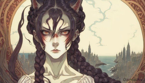 1girl,solo,long hair,looking at viewer,bangs,brown hair,black hair,red eyes,animal ears,hair between eyes,brown eyes,closed mouth,collarbone,braid,outdoors,sky,cloud,cat ears,twin braids,lips,orange eyes,eyelashes,blood,ocean,frown,cloudy sky,building,pale skin,portrait,extra ears,reflection,city,castle,twintails,water,makeup,wolf ears,freckles,blood on face,horizon,red lips,cityscape