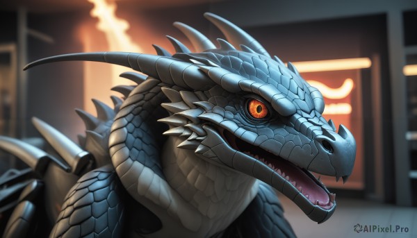 HQ,solo,open mouth,red eyes,outdoors,horns,teeth,tongue,blurry,orange eyes,pokemon (creature),no humans,blurry background,fangs,sharp teeth,slit pupils,building,spikes,colored sclera,monster,dragon,scales,kaijuu,looking at viewer,realistic,black sclera