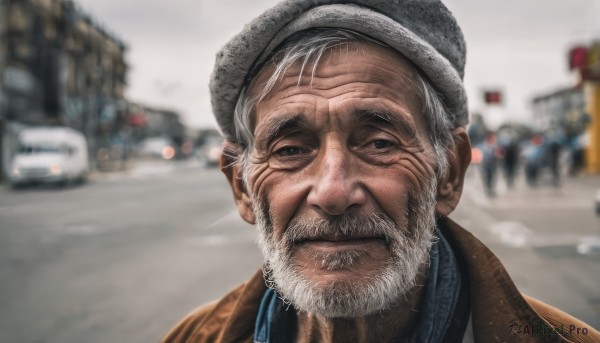 solo,looking at viewer,1boy,hat,closed mouth,upper body,white hair,grey hair,male focus,outdoors,blurry,black eyes,coat,depth of field,blurry background,facial hair,parody,ground vehicle,portrait,motor vehicle,beard,meme,brown jacket,realistic,mustache,car,manly,old,brown coat,old man,grey headwear,wrinkled skin,jacket,day,lips,grey eyes,black headwear,scar,nose,brown headwear,grey sky