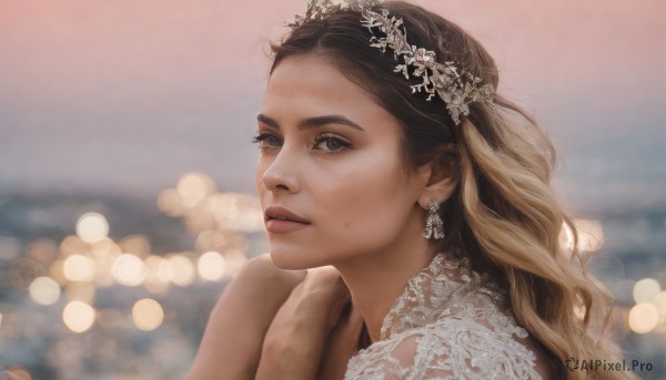 1girl,solo,long hair,looking at viewer,blue eyes,blonde hair,brown hair,hair ornament,jewelry,flower,multicolored hair,earrings,outdoors,parted lips,hair flower,blurry,lips,grey eyes,eyelashes,depth of field,blurry background,wavy hair,portrait,freckles,realistic,nose,bokeh,mole on cheek,dress,brown eyes,upper body,sky,tiara