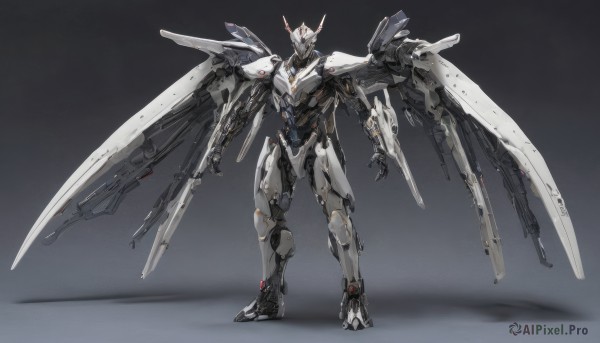 solo,holding,standing,weapon,wings,grey background,holding weapon,gun,gradient background,no humans,shadow,robot,holding gun,mecha,science fiction,open hand,open hands,mechanical wings,v-fin,energy gun,mobile suit,gradient,floating,redesign