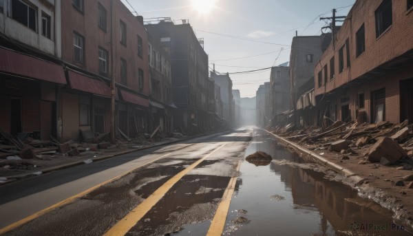 outdoors,sky,day,cloud,water,blue sky,no humans,window,sunlight,ground vehicle,building,scenery,motor vehicle,reflection,city,sign,road,ruins,house,power lines,street,utility pole,road sign,railroad tracks,rock,sun,car,crosswalk,vanishing point