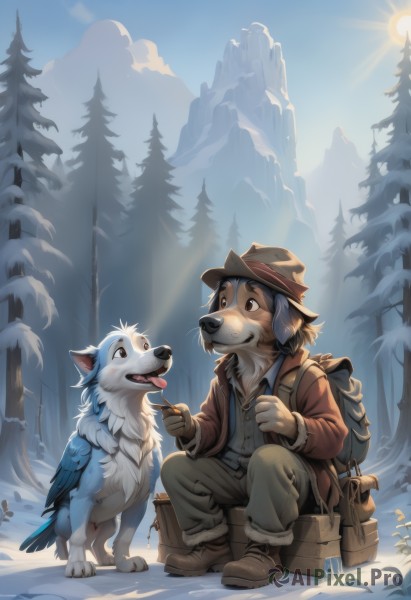 smile,shirt,gloves,long sleeves,1boy,hat,brown eyes,sitting,jacket,male focus,boots,outdoors,open clothes,sky,day,tongue,pants,cloud,tongue out,bag,looking at another,vest,tree,coat,fur trim,bird,animal,brown footwear,sunlight,squatting,backpack,nature,furry,snow,brown gloves,forest,dog,brown jacket,mountain,brown headwear,sun,furry male,pine tree,short hair,holding,blue hair,food,artist name,signature,blue sky,watermark