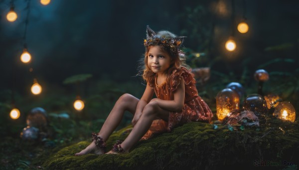 1girl,solo,long hair,looking at viewer,smile,blue eyes,brown hair,hair ornament,dress,animal ears,jewelry,sitting,flower,pantyhose,outdoors,barefoot,sleeveless,artist name,cat ears,signature,necklace,blurry,bracelet,lips,night,depth of field,blurry background,red dress,grass,plant,nature,between legs,hand between legs,lantern,realistic,fantasy,anklet,head wreath,mushroom,on ground,ankle cuffs,fireflies,dirty feet,veil,curly hair,moss