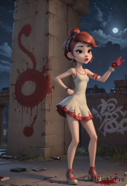 1girl,solo,breasts,short hair,brown hair,gloves,dress,bare shoulders,brown eyes,jewelry,standing,full body,red hair,hairband,earrings,small breasts,outdoors,parted lips,sky,shoes,sleeveless,artist name,cloud,hair bun,white dress,bracelet,lips,hand on hip,blood,makeup,night,sleeveless dress,phone,short dress,moon,single hair bun,thick eyebrows,cellphone,grass,lipstick,red footwear,sneakers,star (sky),night sky,smartphone,full moon,red gloves,starry sky,blood on face,red lips,bangle,blood on clothes,ruins,blood splatter,blood on hands,blood stain,spray can,collarbone,weapon,signature,black eyes,gun,tattoo,tank top,aged down,child,single glove,nose,brick wall,shell casing