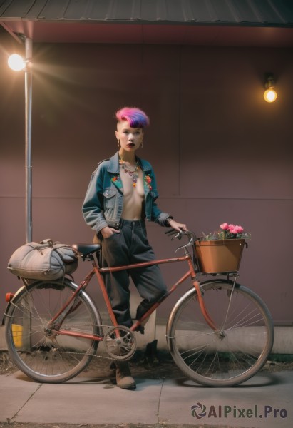 1girl,solo,breasts,looking at viewer,short hair,open mouth,long sleeves,1boy,navel,jewelry,standing,jacket,full body,pink hair,purple hair,flower,male focus,multicolored hair,earrings,boots,outdoors,open clothes,pants,necklace,black footwear,two-tone hair,open jacket,lips,makeup,black pants,denim,lipstick,blue jacket,ground vehicle,pink flower,hand in pocket,jeans,basket,road,very short hair,undercut,bicycle,no shirt,denim jacket,bicycle basket,blue eyes,cleavage,medium breasts,belt,bag,no bra,piercing,helmet,breasts apart,motor vehicle,hands in pockets,red lips,helmet removed