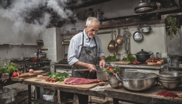 solo,short hair,shirt,long sleeves,1boy,holding,closed mouth,standing,white shirt,white hair,grey hair,male focus,food,collared shirt,pants,indoors,apron,fruit,facial hair,scar,chair,black pants,table,knife,plant,steam,beard,scar on face,plate,sleeves rolled up,smoke,bowl,realistic,mustache,basket,carrot,old,old man,cooking,meat,kitchen,tomato,vegetable,frying pan,stove,lettuce,cutting board,onion,steak,holding food,holding knife,bald,ladle,sleeves pushed up,sink,eggplant,potato,kitchen knife,wrinkled skin,radish,salad