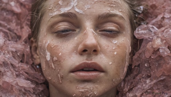 solo,looking at viewer,short hair,open mouth,blue eyes,blonde hair,1boy,jewelry,closed eyes,male focus,earrings,parted lips,teeth,water,mole,lips,wet,half-closed eyes,portrait,close-up,realistic,brown hair