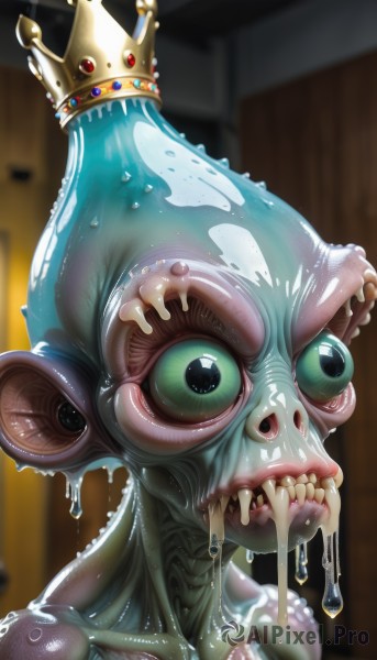 1girl,solo,open mouth,green eyes,teeth,tongue,shiny,artist name,indoors,blurry,wet,no humans,saliva,blurry background,colored skin,crown,sharp teeth,monster girl,tentacles,1other,monster,realistic,dripping,extra eyes,slime (substance),horror (theme),looking at viewer,blue eyes,depth of field,veins,creature,what