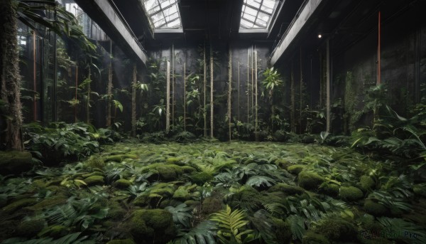 day,indoors,tree,dutch angle,no humans,window,leaf,sunlight,grass,plant,nature,scenery,forest,light rays,ruins,green theme,ceiling,moss,overgrown,rock,sunbeam,ceiling light