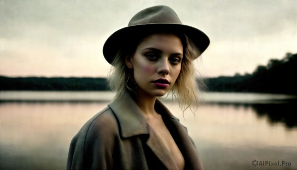 HQ,1girl,solo,breasts,short hair,blonde hair,hat,cleavage,medium breasts,closed mouth,jacket,upper body,outdoors,blurry,black eyes,lips,makeup,blurry background,lipstick,freckles,realistic,fedora,looking at viewer,coat,parody,eyeshadow