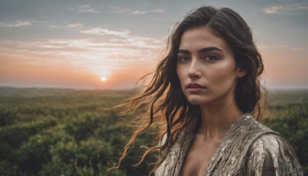 1girl,solo,long hair,breasts,looking at viewer,brown hair,black hair,cleavage,brown eyes,closed mouth,collarbone,upper body,outdoors,sky,cloud,blurry,tree,lips,makeup,depth of field,blurry background,wavy hair,sunlight,lipstick,portrait,nature,forest,curly hair,sunset,mountain,realistic,nose,sun,red lips,medium breasts,cloudy sky,scenery,landscape