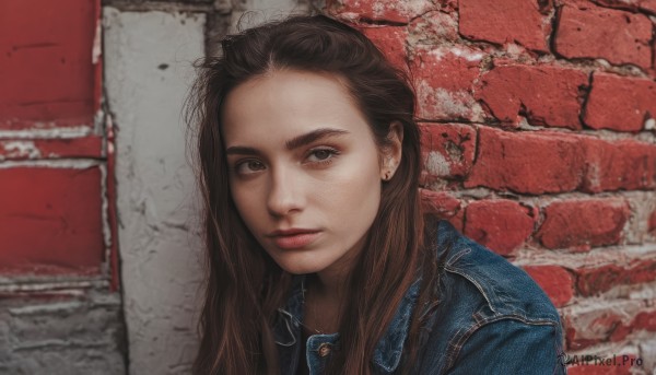 1girl,solo,long hair,looking at viewer,brown hair,brown eyes,jewelry,closed mouth,jacket,upper body,earrings,black eyes,lips,denim,portrait,forehead,realistic,nose,stud earrings,wall,brick wall,denim jacket,shirt,parted lips,blue jacket,jeans