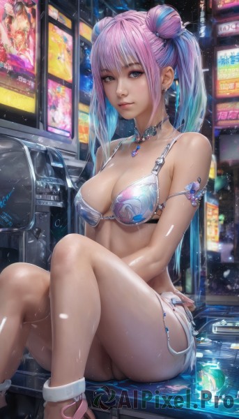 1girl,solo,long hair,breasts,looking at viewer,bangs,blue eyes,cleavage,bare shoulders,twintails,jewelry,medium breasts,sitting,closed mouth,underwear,blue hair,swimsuit,pink hair,ass,bikini,multicolored hair,earrings,choker,shiny,necklace,hair bun,bra,two-tone hair,lips,wet,shiny skin,double bun,tattoo,piercing,bikini top only,realistic,nose,anklet,monitor,artist name,gradient hair,watermark,ear piercing,armlet,science fiction,cyberpunk