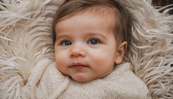 1girl,solo,looking at viewer,brown hair,closed mouth,black eyes,lips,grey eyes,child,portrait,realistic,short hair,blonde hair,eyelashes,expressionless,close-up,forehead