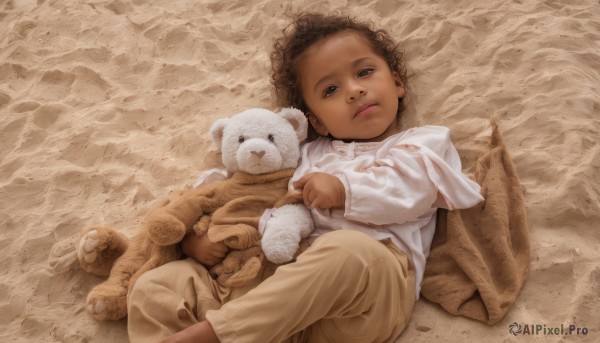 1girl,solo,looking at viewer,brown hair,shirt,long sleeves,1boy,brown eyes,white shirt,male focus,lying,pants,dark skin,on back,dark-skinned female,lips,pillow,feet out of frame,stuffed toy,stuffed animal,child,curly hair,teddy bear,realistic,sand,male child,brown pants,short hair,dark-skinned male,aged down,pajamas,baby,afro