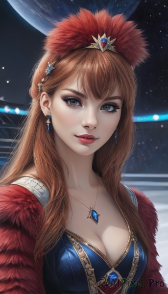 1girl,solo,long hair,breasts,looking at viewer,smile,bangs,brown hair,hair ornament,dress,cleavage,brown eyes,jewelry,medium breasts,closed mouth,collarbone,upper body,earrings,necklace,star (symbol),lips,eyelashes,makeup,blue dress,feathers,lipstick,gem,star (sky),pendant,eyeshadow,realistic,nose,red lips,eyeliner,space,planet,blue gemstone,green eyes,tiara,crown